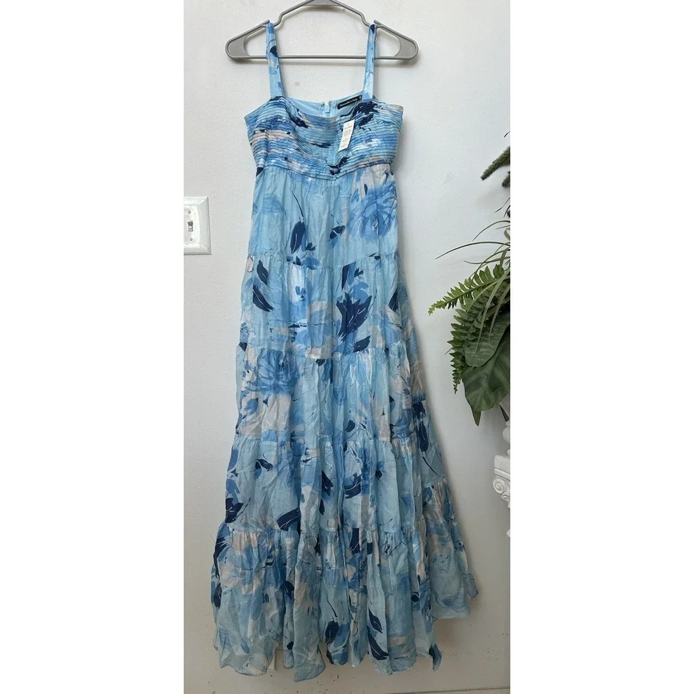 NWT Abercrombie & Fitch Tiered Ruched Blue Babydoll Maxi Dress Sz M